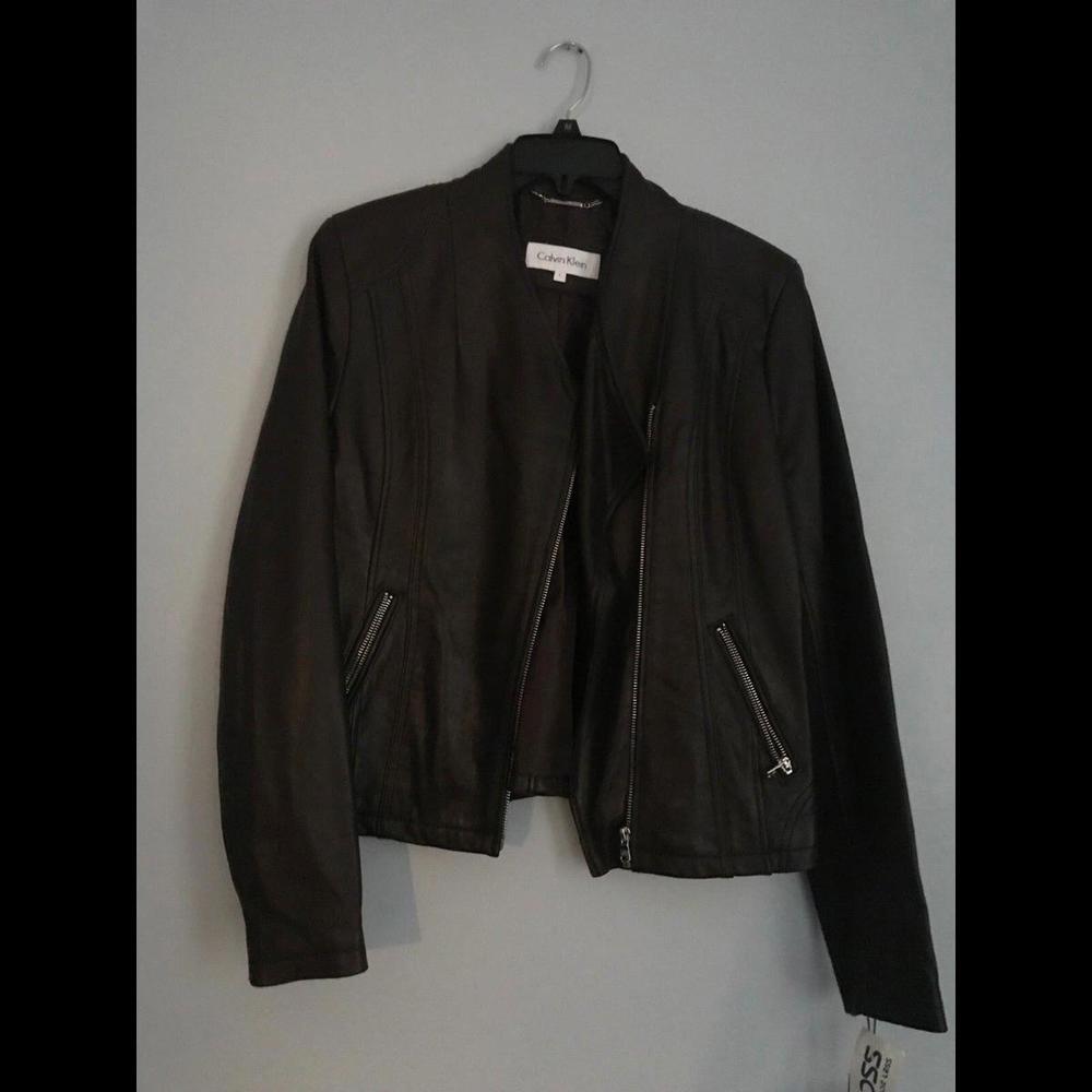 Calvin Klein Womens Leather Zippered Jacket Java Color NWT Size Large